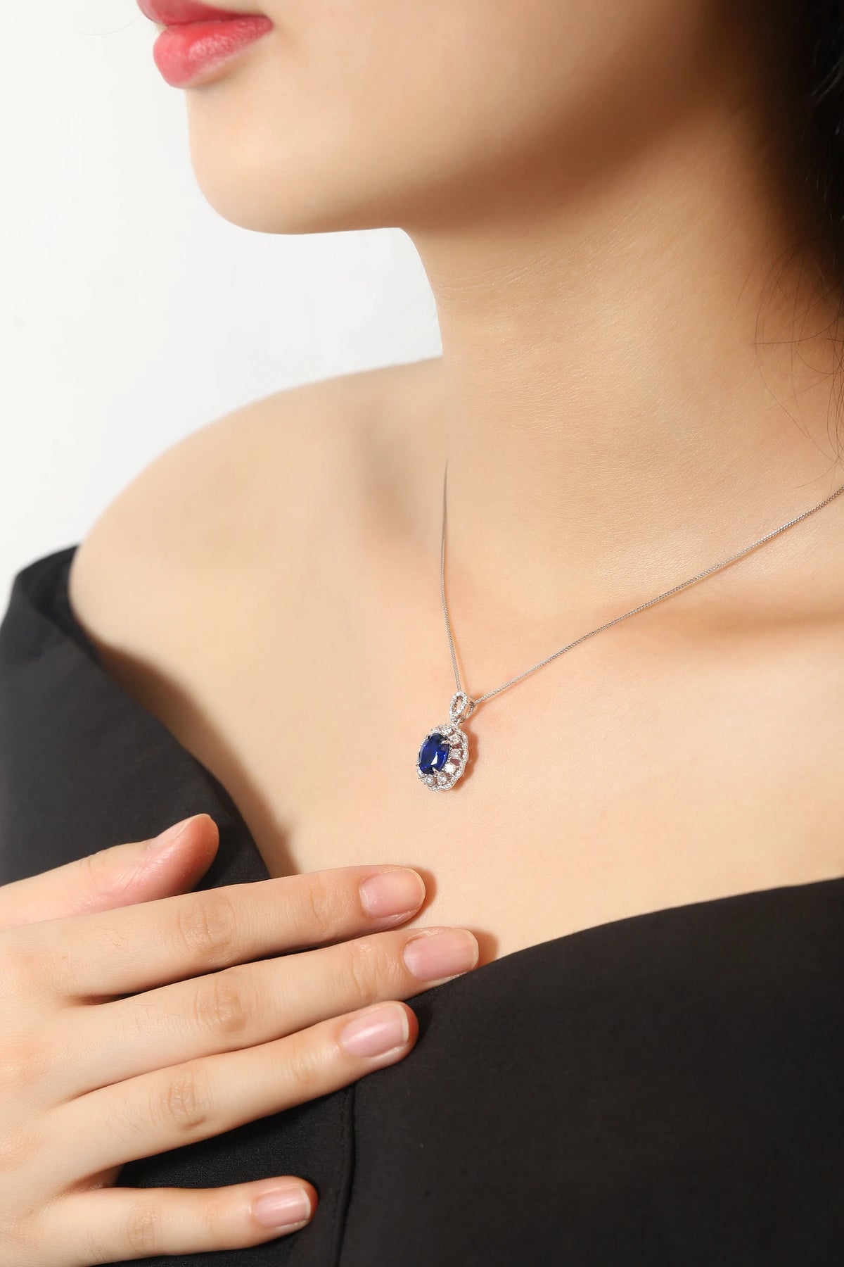 Gemfiori Anster Sapphire Rhodium Plating Wedding Silver Necklace Jewelry Women Fine Pendants Necklaces