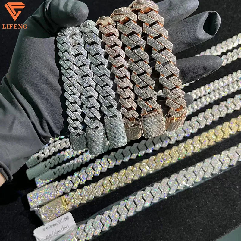 Men's 925 Sterling Silver Hip Hop Cuban Chain Bracelet/Necklace Set White/Rose Gold 925 VVS Moissanite Moissanite Necklaces