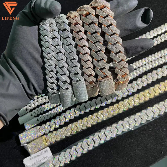 Men's 925 Sterling Silver Hip Hop Cuban Chain Bracelet/Necklace Set White/Rose Gold 925 VVS Moissanite Moissanite Necklaces