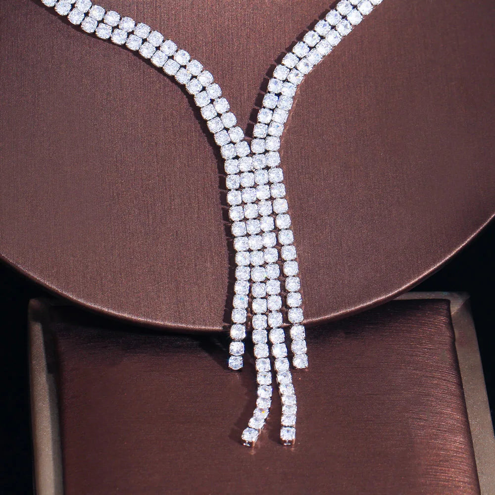 Shiny Round Cubic Zirconia Elegant Long Dangling Drop Tassel Wedding Costume Necklace Brides Jewelry Sets for Women