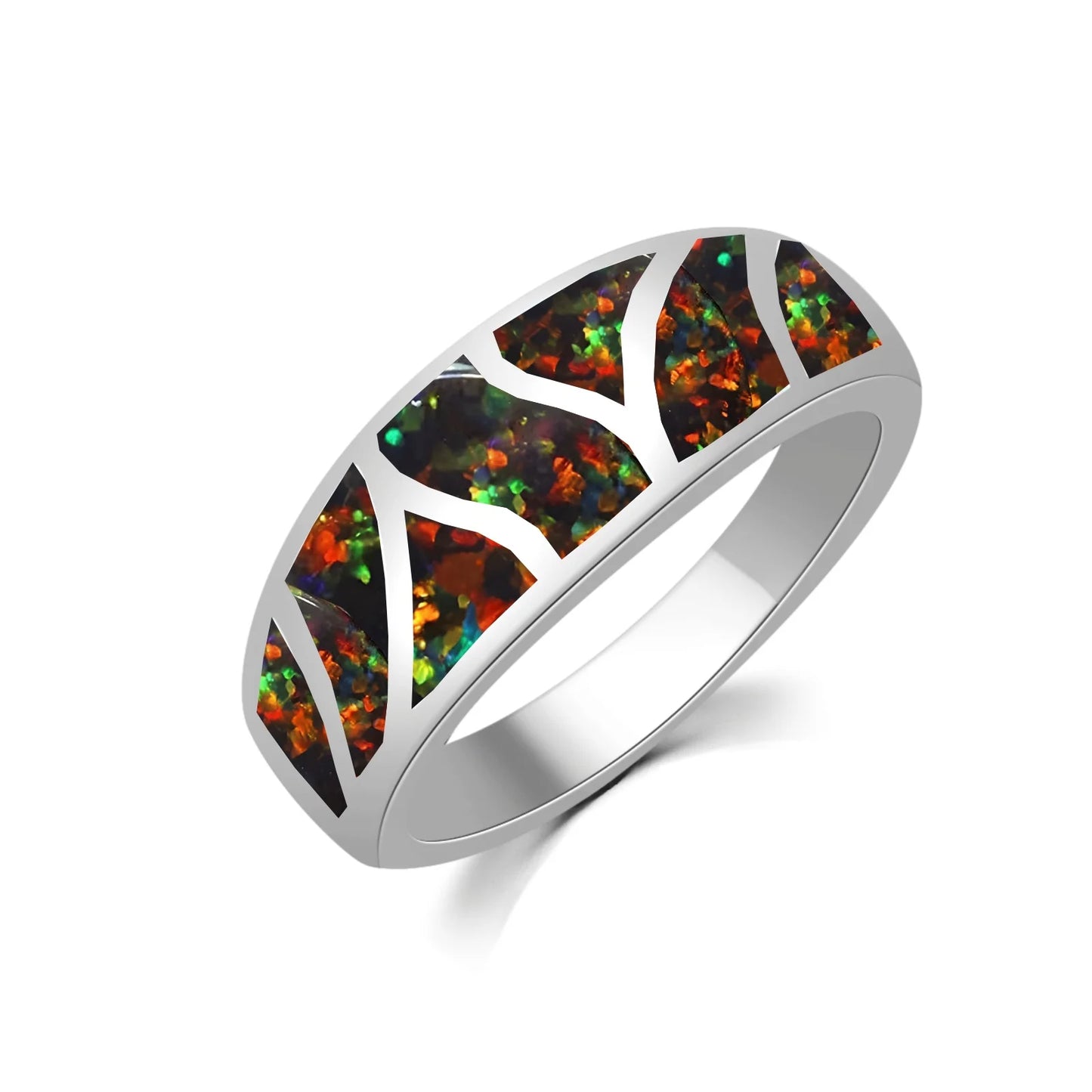 Iridescent Opal Geometric Ring | Sleek Silver Fashion Band
