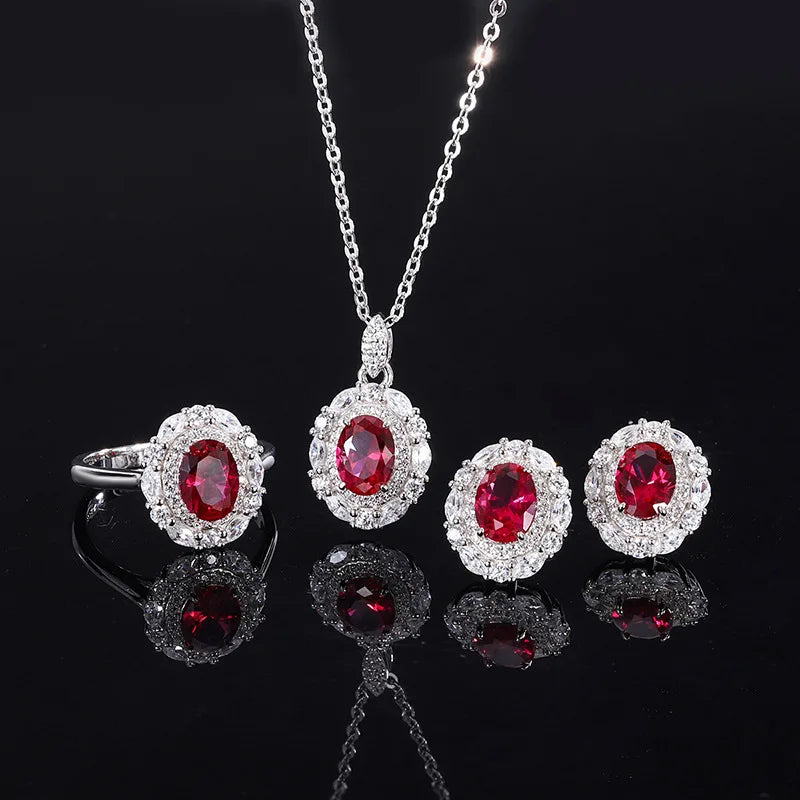 Gemfiori Fashionable Luxury Jewelry Pigeon Blood Red Oval Zircon Earrings Necklace Ring Minimalist New Set