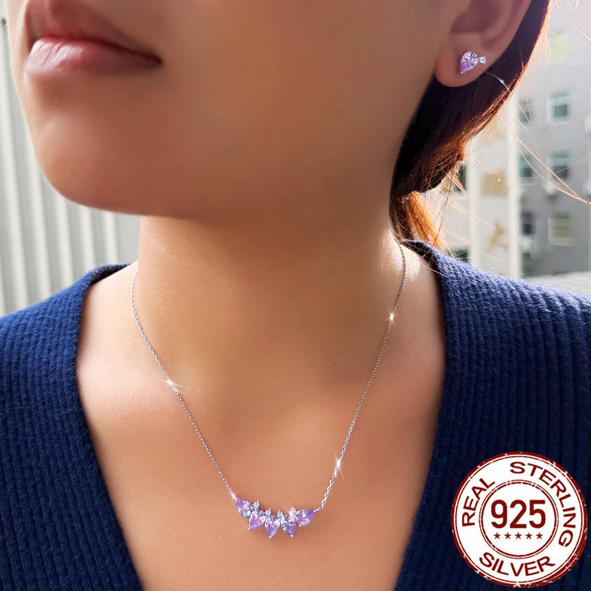 Purple Drop CZ Jewelry Set Zircon Pendant Necklace Jewelry Set for Lady Daily Wear Birthday Gift 925 Sterling Silver Jewelry