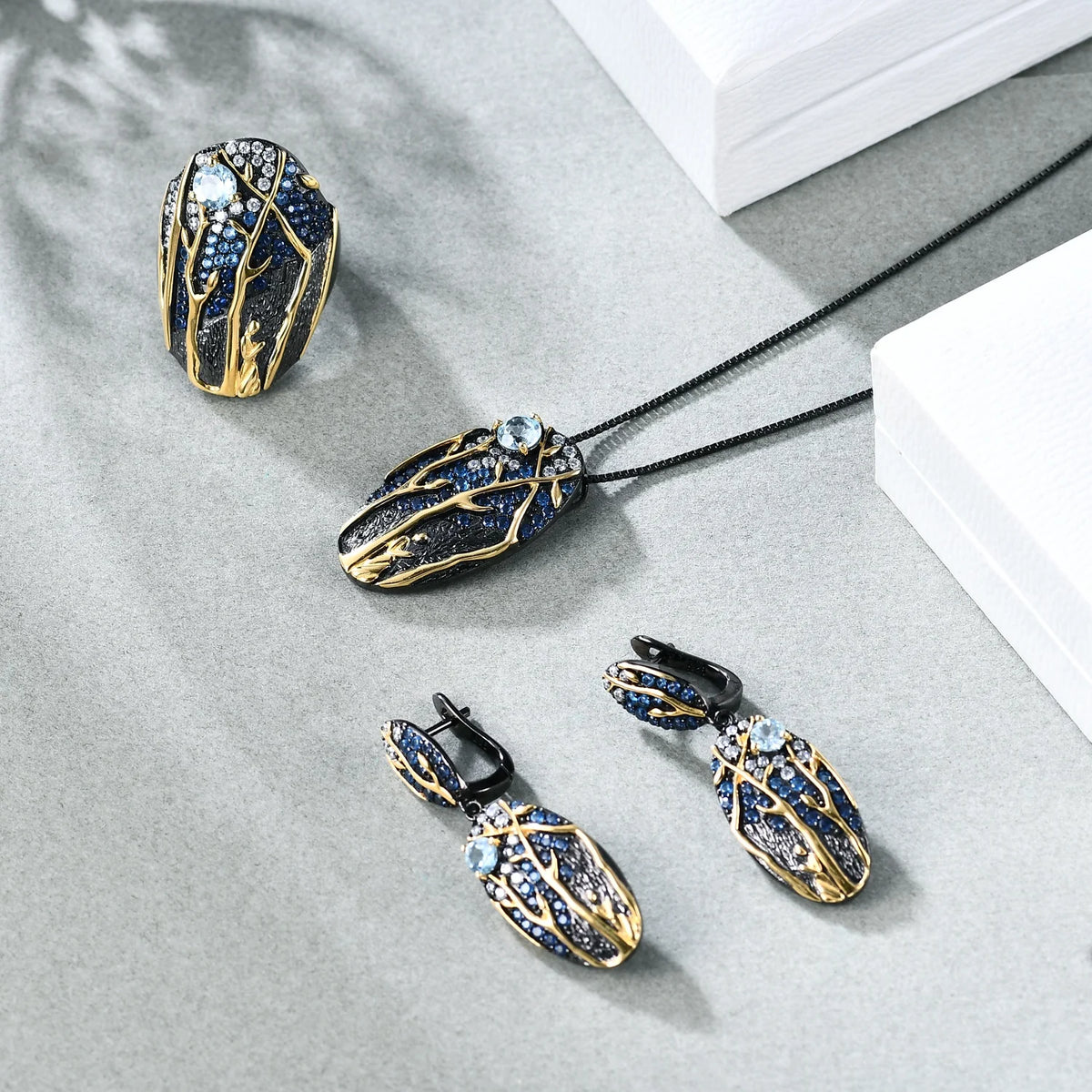 ArtistA C8206 Abding Black Gun Plated 925 Sterling Silver Elegant Sky Blue Topaz Gemstone Jewellery Set Big Drop Earrings Pendant Ring