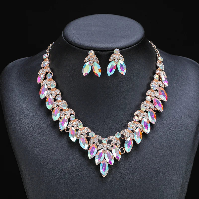 Retro Crystal Flower Clavicle Necklace & Earrings Set | Exaggerated Rhinestone Fashion Jewellery | 5 Colours
