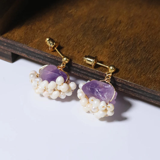 Natural Freshwater Pearl Amethyst Edging Earrings Korean Style Women Luxury Jewelry Fashion Ladies and Girls Gift GE1589