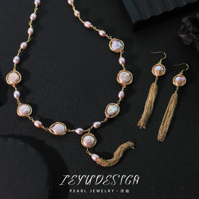 Baroque Natural Freshwater Pearl Pearl Chain Earrings Necklace Set Luxurious Design Set Gift Wedding Banquet GS0215