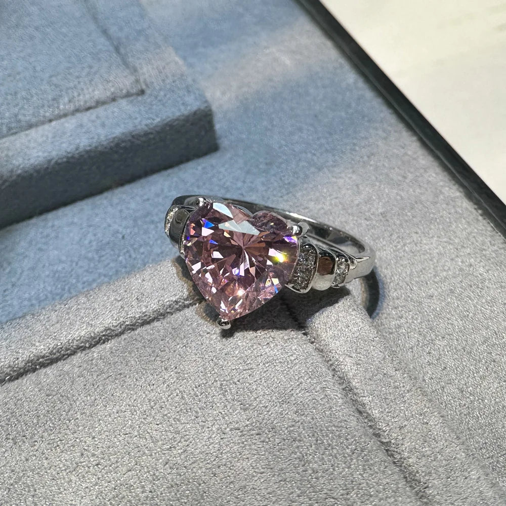 MuShan Jewelry Factory New 6.3-carat Pink Simulated Diamond 10 * 10 Heart Shaped Pure Silver Ring High Carbon Diamond Ring