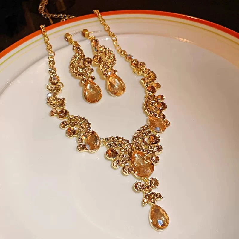 XM S364 Gold Plated Princess Cut Champagne Zircon Floral Statement Necklace & Drop Earrings Bridal Set
