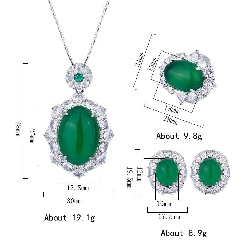 Gemfiori Luxury Pigeon Blood Ruby Jewelry Set Cabochon Cut Red Gem Halo Pendant Necklaces Earrings Rings Timeless Elegant Emerald Wedding