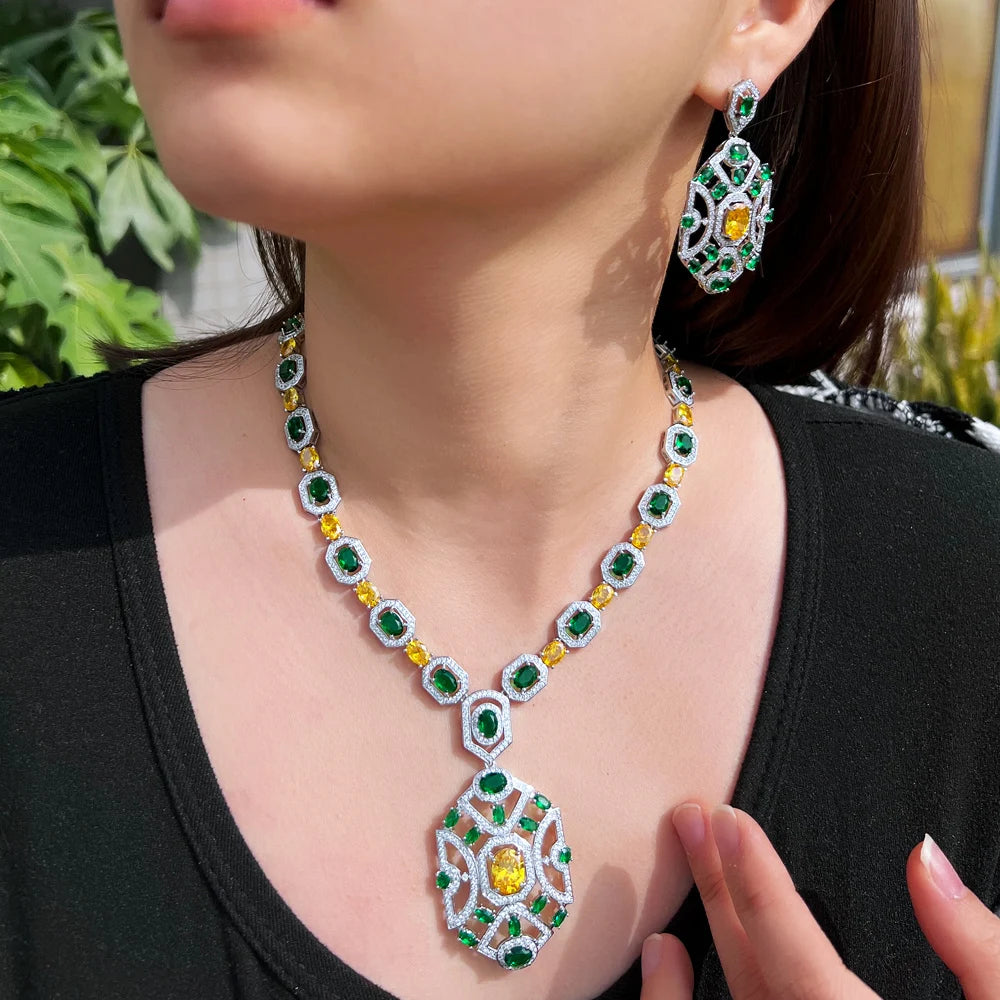 Super Luxury Yellow Green Zirconia Wedding Banquet Big Chunky Necklace and Earrings Bridal Party Costume Jewelry Sets for Women