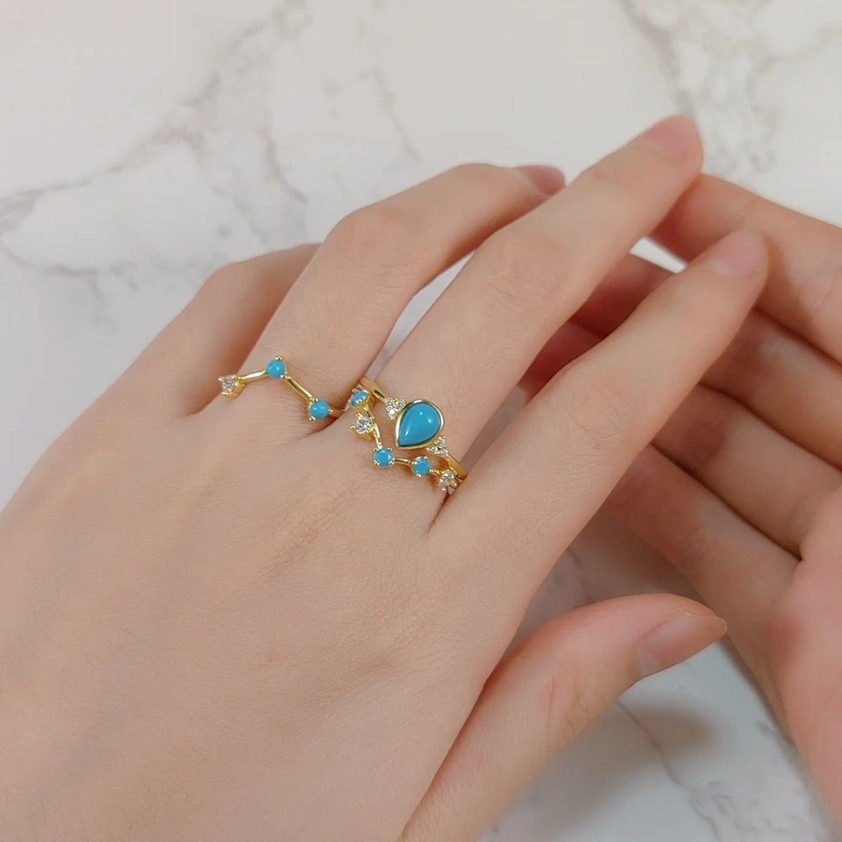 ArtistA Abiding Light Luxury Cluster Zirconia Synthetic Turquoise Gemstone 925 Silver Wedding Engagement Ring Set