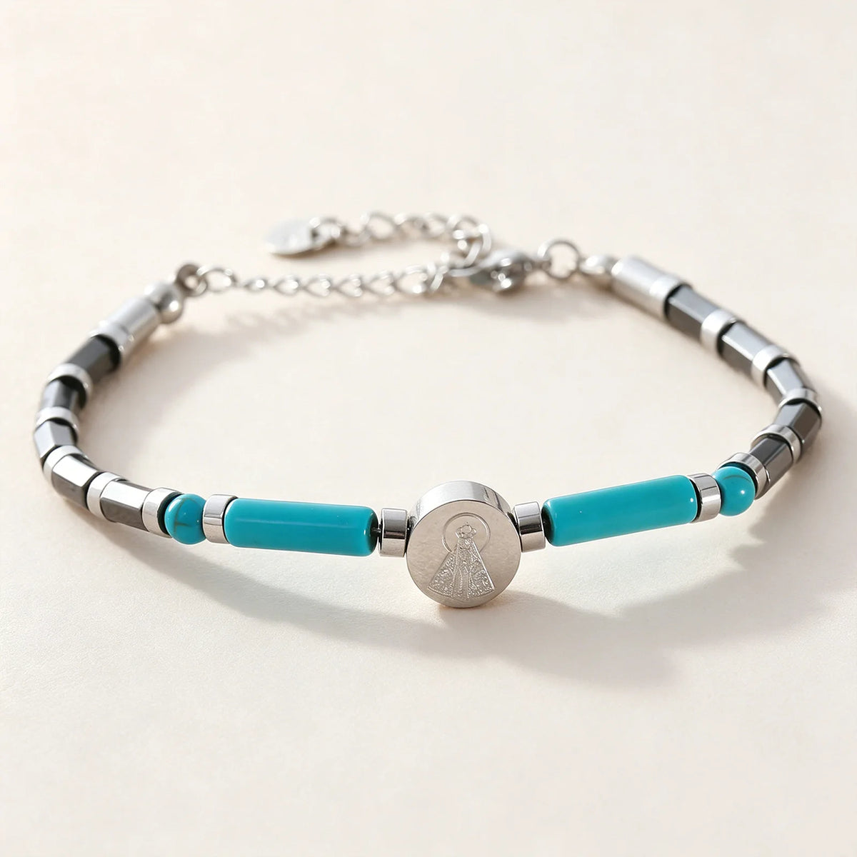 XOTICA Handmade Stainless Steel Chain Hematite Spacer Natural Stone Turquoise Beaded Cross Bracelet Fashion Jewelry Gifts for Men