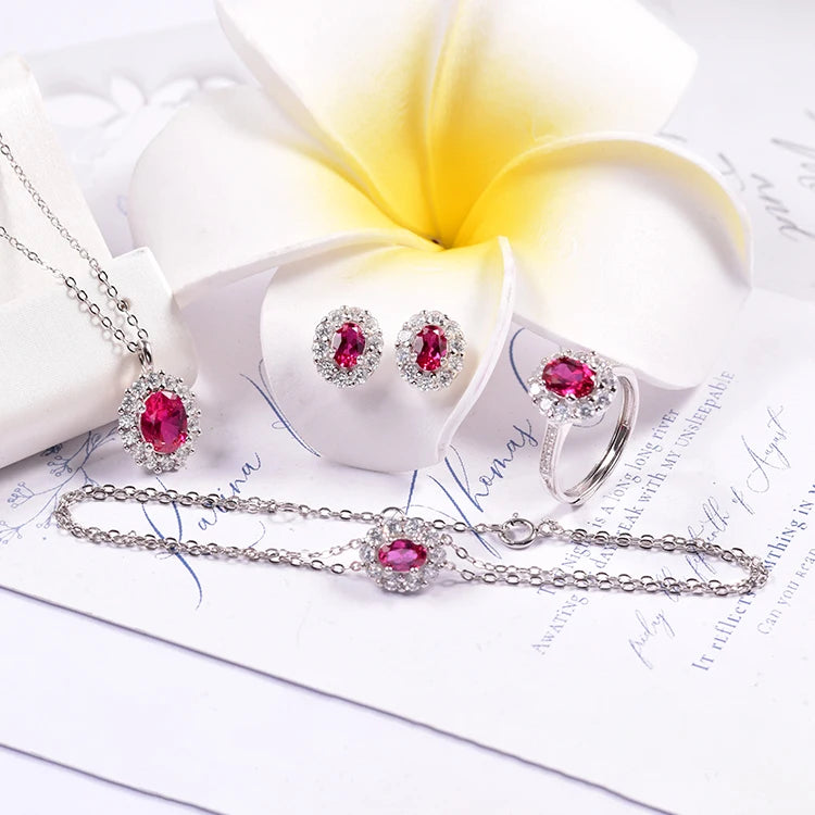 S&S 925 Silver Lab-Grown Ruby Jewellery | 18K White Gold Plated | Ring, Earrings, Pendant, Bracelet or Full Set