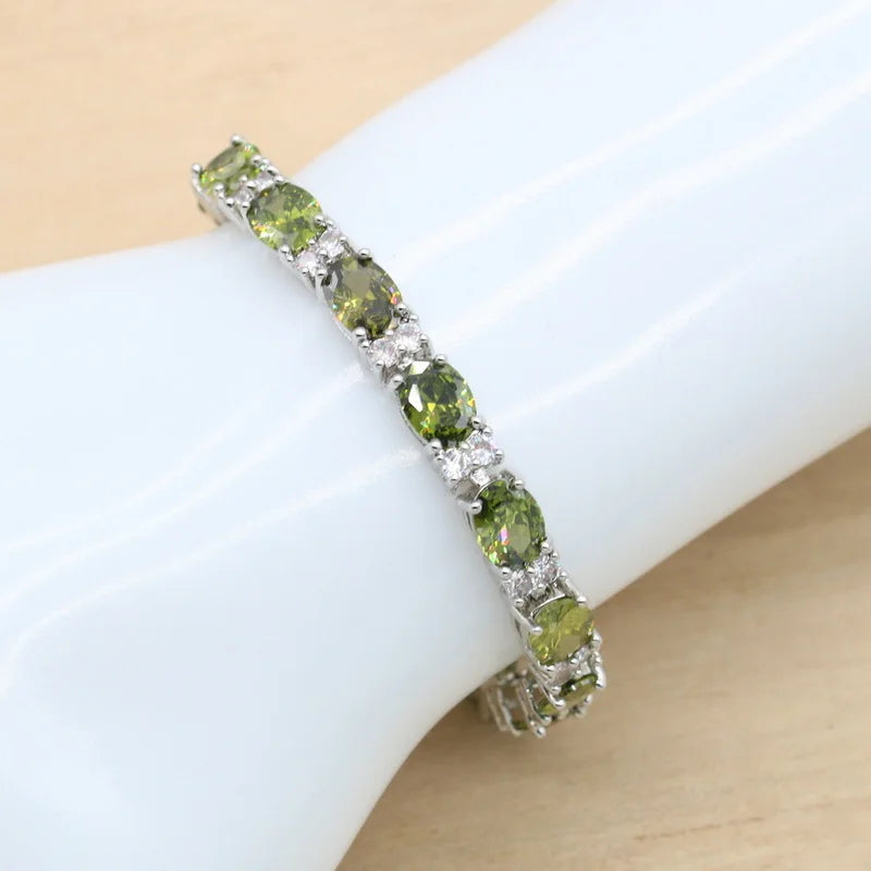 XOTICA Classic 925 Silver Jewelry Set Olive Green Semi-Precious Women's Zircon Ring Earrings Pendant Necklace for Party Christmas Gift