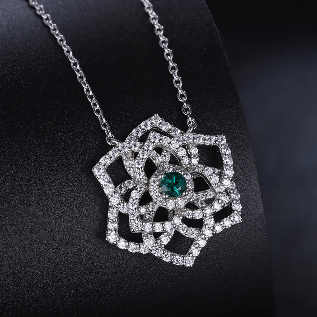 Gemfiori ANSTER 925 Sterling Silver Customised Necklace Round Emerald Diamond Rose Flower Necklace With 18 Inch Silver Chain