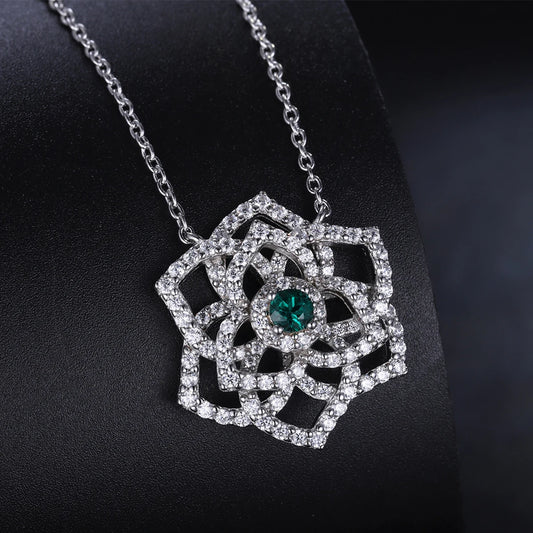 Gemfiori ANSTER 925 Sterling Silver Customised Necklace Round Emerald Diamond Rose Flower Necklace With 18 Inch Silver Chain