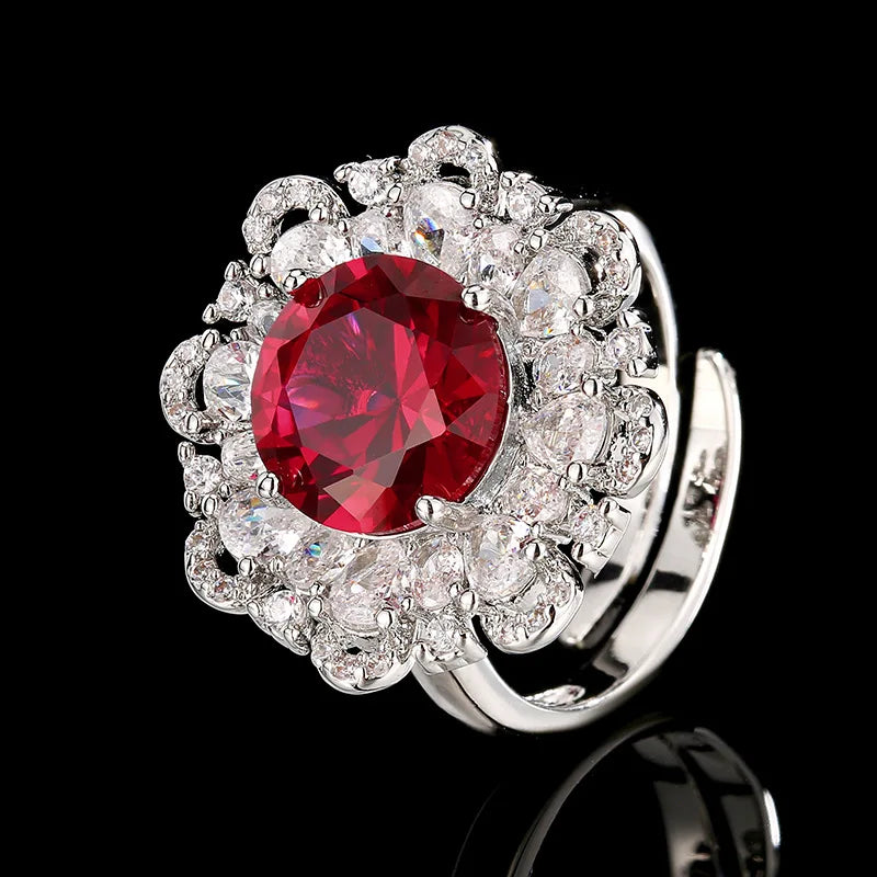 Gemfiori Bridal Wedding Luxury Ruby Flower Set with Zircon Exquisite Jewelry Wedding Necklace Earrings Three Piece Set