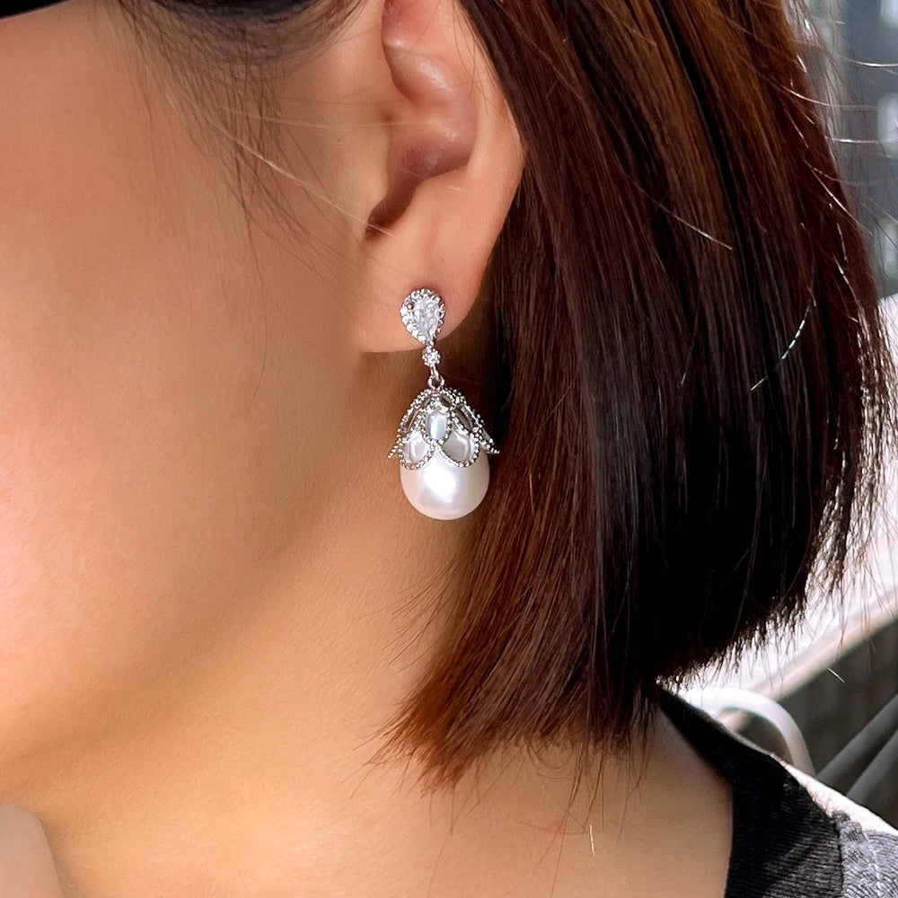 S&S CZ & Pearl Geometric Dangle Drop Earrings – Rhodium Silver Plated – Collection