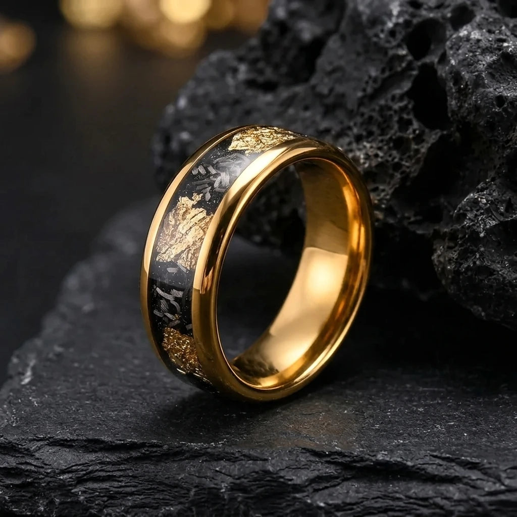 Tempusort Fashion Jewelry 8mm Gold Plated Inlaid Broken Gold Foil Meteorite Tungsten Carbide Ring for Men Wedding Engagement