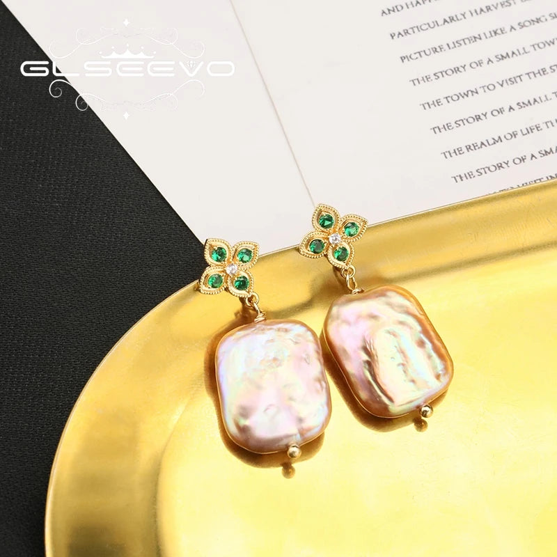 Emerald Flower Silver 925 Jewelry for Woman Geometric Purple Baroque Pearl Earring Korean Style Lady Birthday Eardrop
