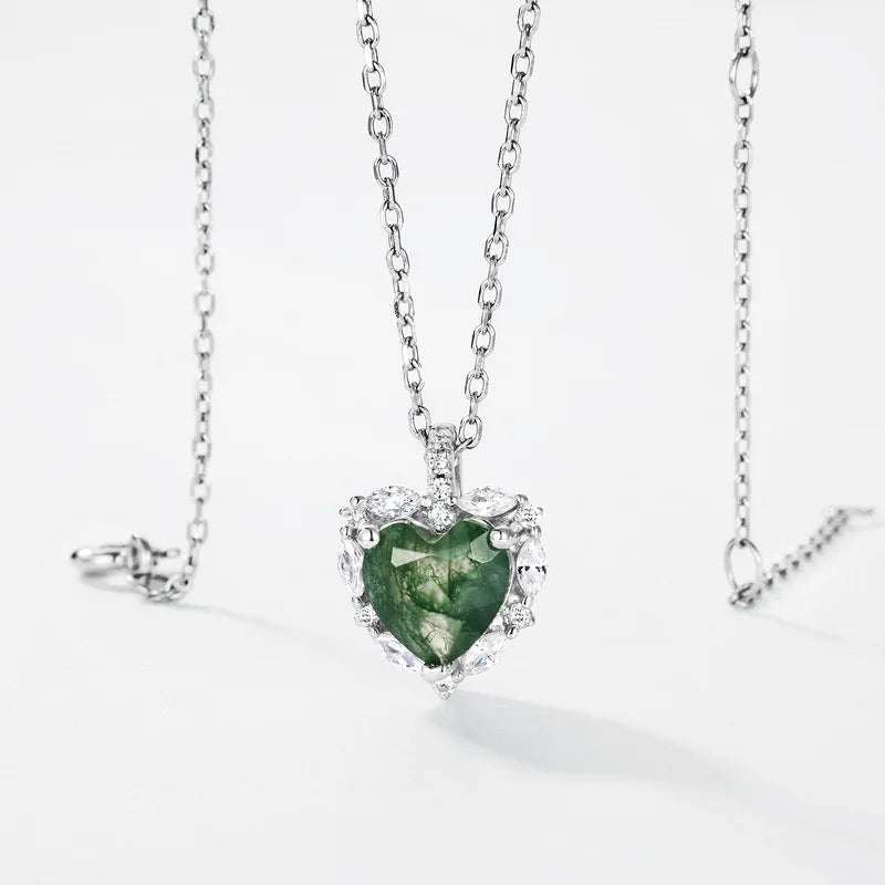Factory Wholesale Rhinestone Inlaid Green Moss Heart Pendant Clavicle Chain S925 Sterling Silver Necklace for Women