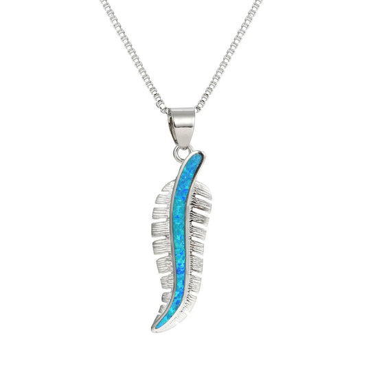 Trending TikTok INS Blue Copper Alloy Feather Necklace-Opal Inlaid Pendant Silver Plated Women's Trendy Sweater Chain Jewelry