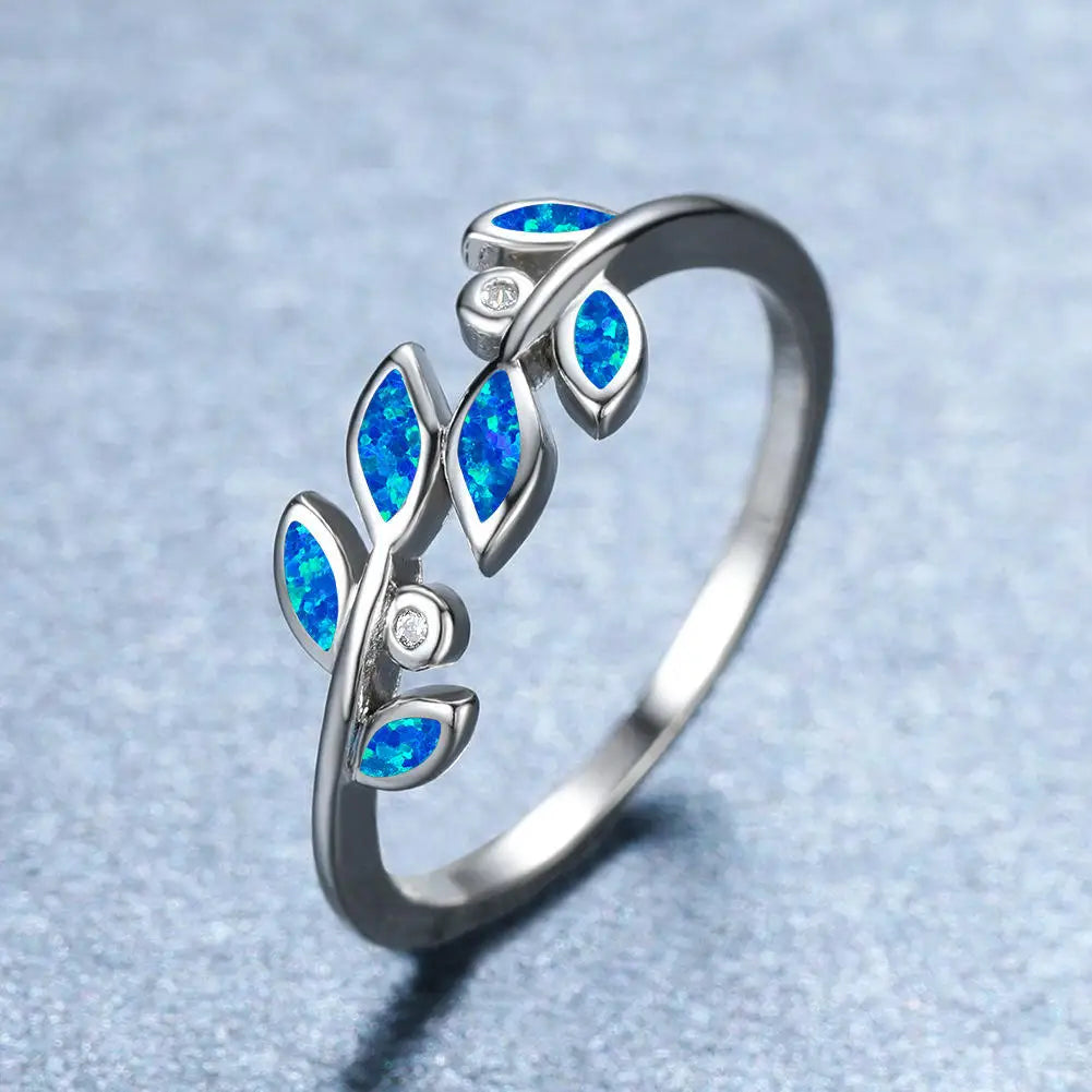 Flower-Shaped Blue Opal Twisted Tiny Ring | Iridescent Gem Inlay Band | Modern Silver/Gold Plated Women's Trendy Fashion Jewelry