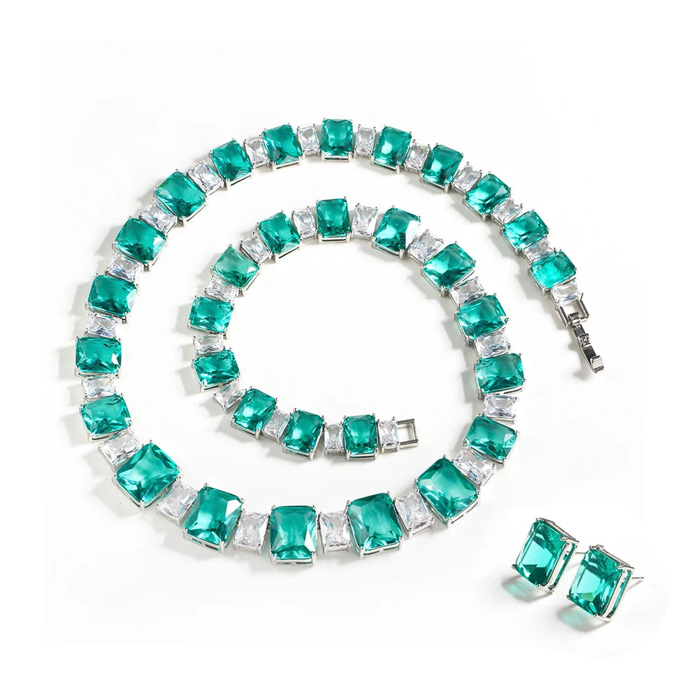 S&S Light Green CZ Square Bridal Jewellery Set – Necklace & Earrings – Collection
