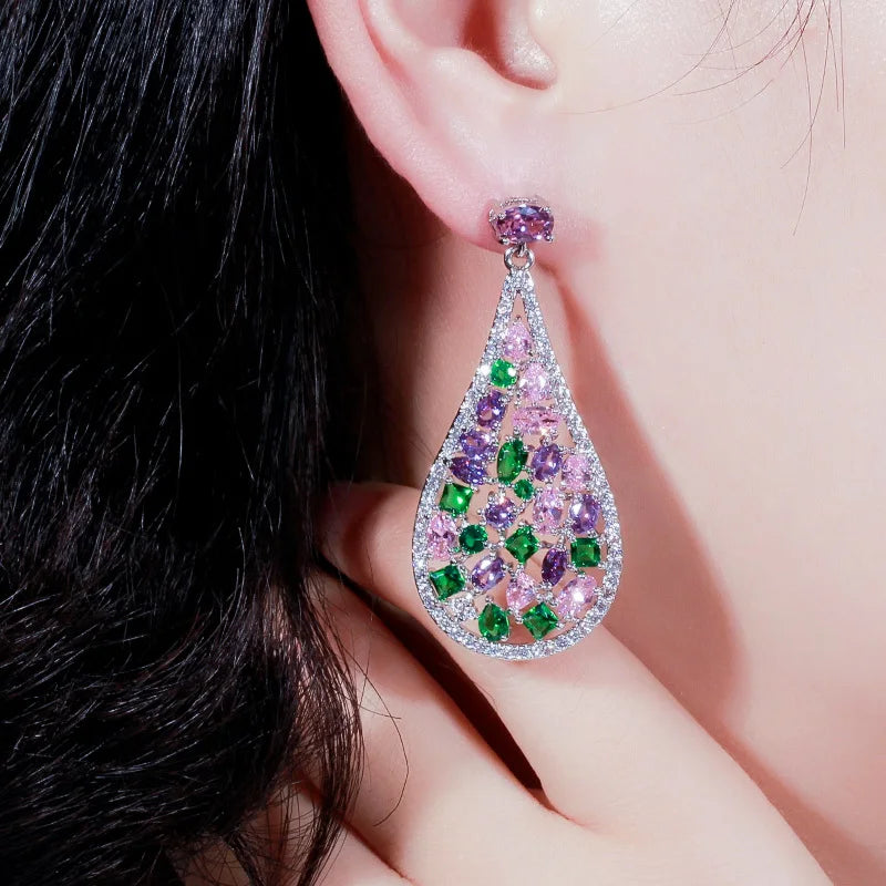 S&S Purple CZ Water Drop Dangle Earrings – Multi-Shape – 925 Silver Pin – Rhodium Plated – Collection