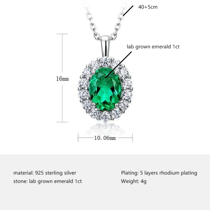 Oval Shape Vintage 925 Sterling Silver 1ct  Lab Grown Emerald Pendant Necklace Lab Grown Diamond Necklace for Gift