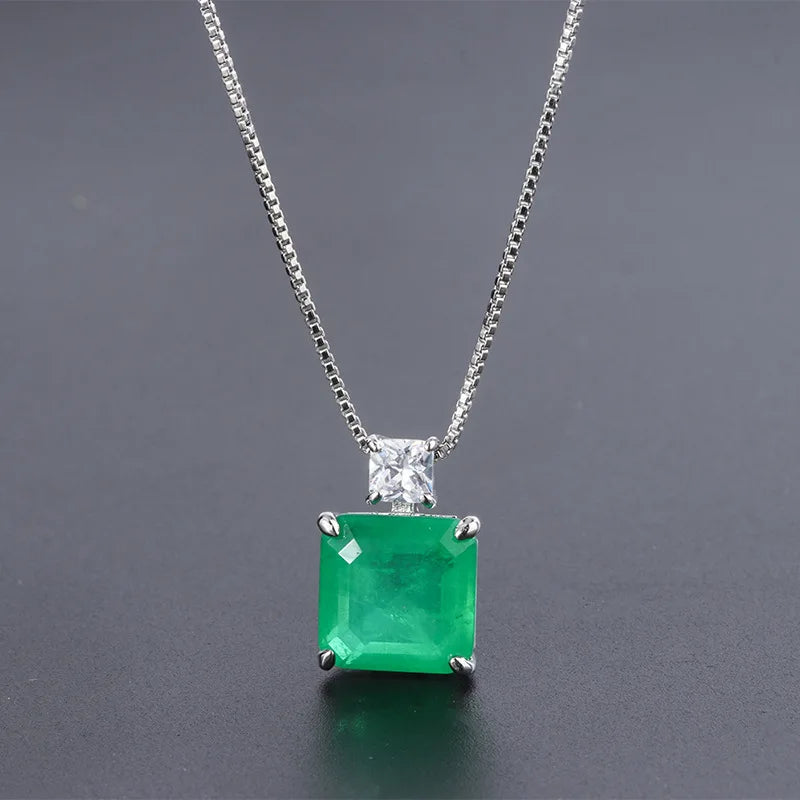 Fashion Eco-friendly Copper Minimalist Square Green Zircon Pendant Earrings Set Elegant Brass Jewelry Sets for Refined Everyday