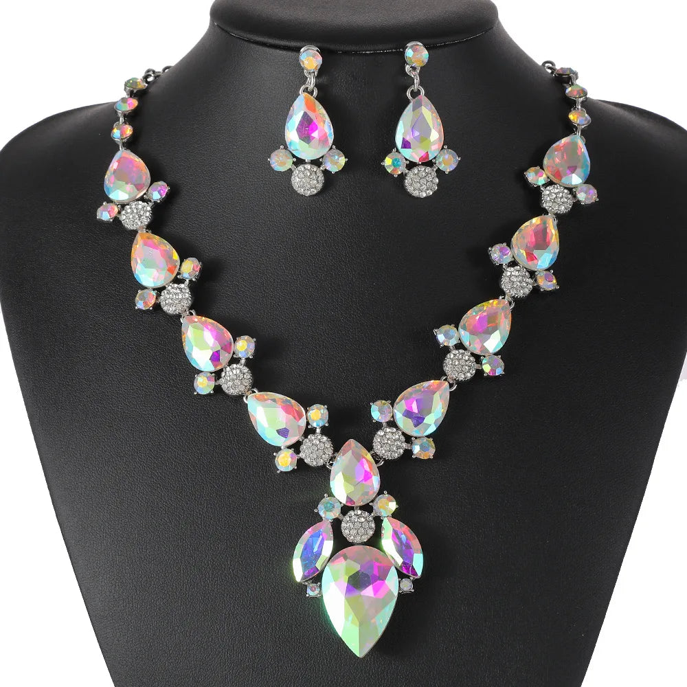 Crystal Cross-Mirror Geometric Necklace & Earrings Jewellery Set | 8 Colours Statement Fashion Set