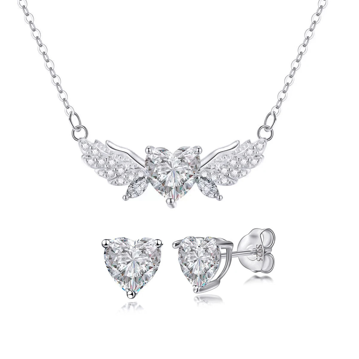 S&S Heart & Feather CZ Pendant & Earrings Set – 925 Sterling Silver – Rhodium Plated – Collection