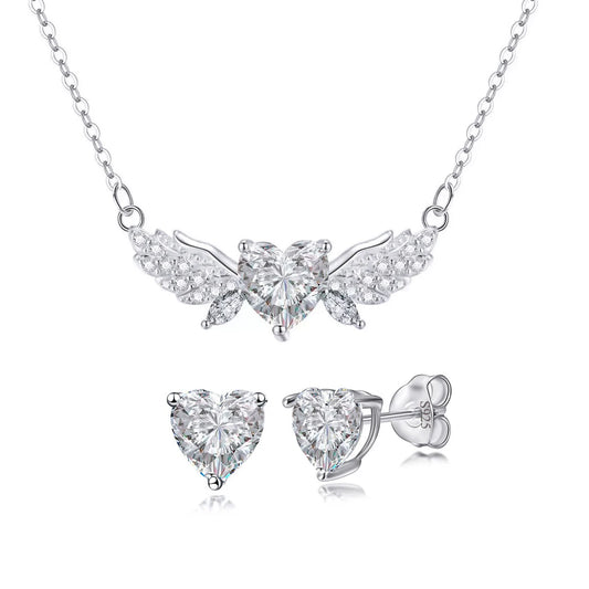 S&S Heart & Feather CZ Pendant & Earrings Set – 925 Sterling Silver – Rhodium Plated – Collection