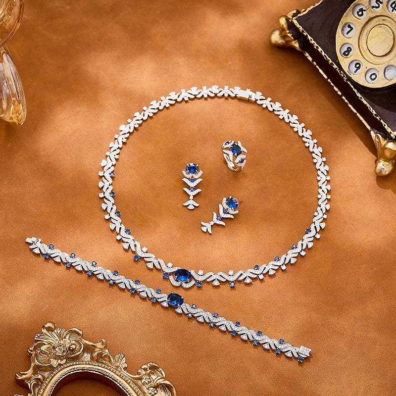 Cornflower Blue Zircon Retro Vine Branch Leaf Necklace Earrings Ring Bracelet 4-piece Brass Set Jewelry Sexy Women's Gift