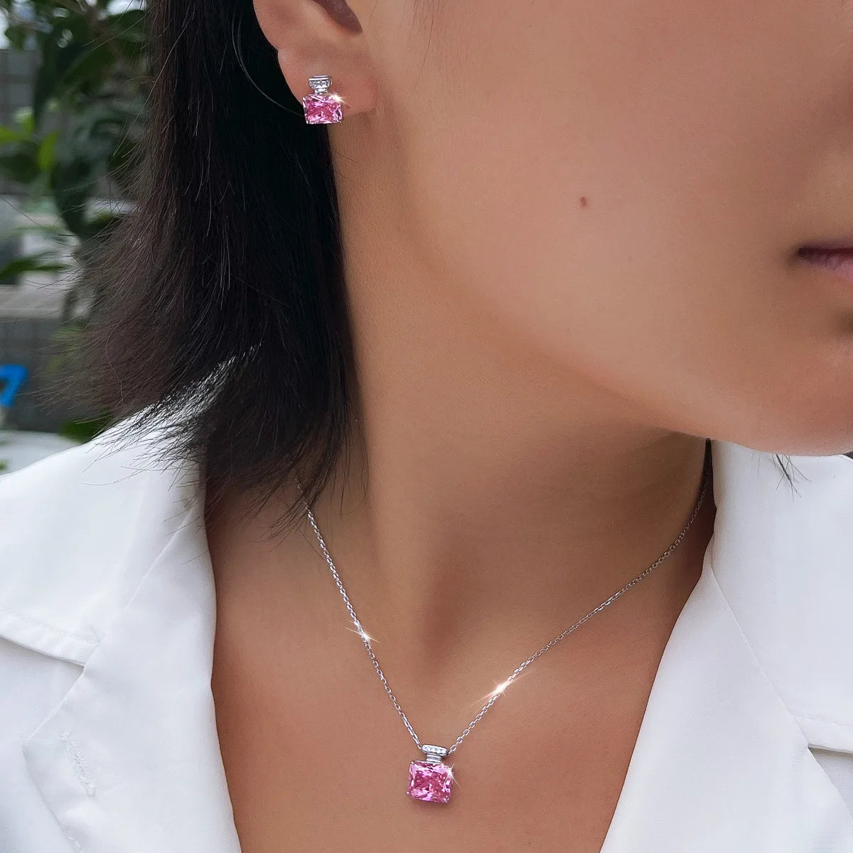 REDheart 925 Sterling Silver Pink Zirconia Diamond Perfume Bottle Pendant Necklace Earrings Sets Luxury 2pcs Jewelry Sets Wedding Gift