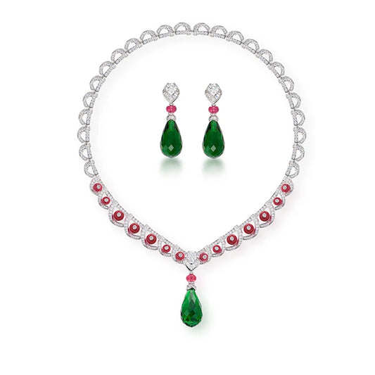 Brass Pear Shaped Green Treasure Necklace Earring Set, Luxurious High-end Women's Evening Dress, Suitable for Weddings or Gifts