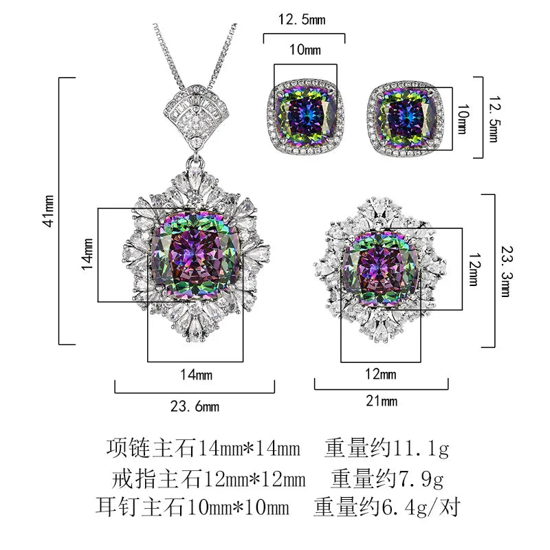 REDheart Square Full Zircon Rhodium Movable Opening Ring Simulation Bird's Nest Cut Seven Color Fashion Wedding Party Gift Pendant Set