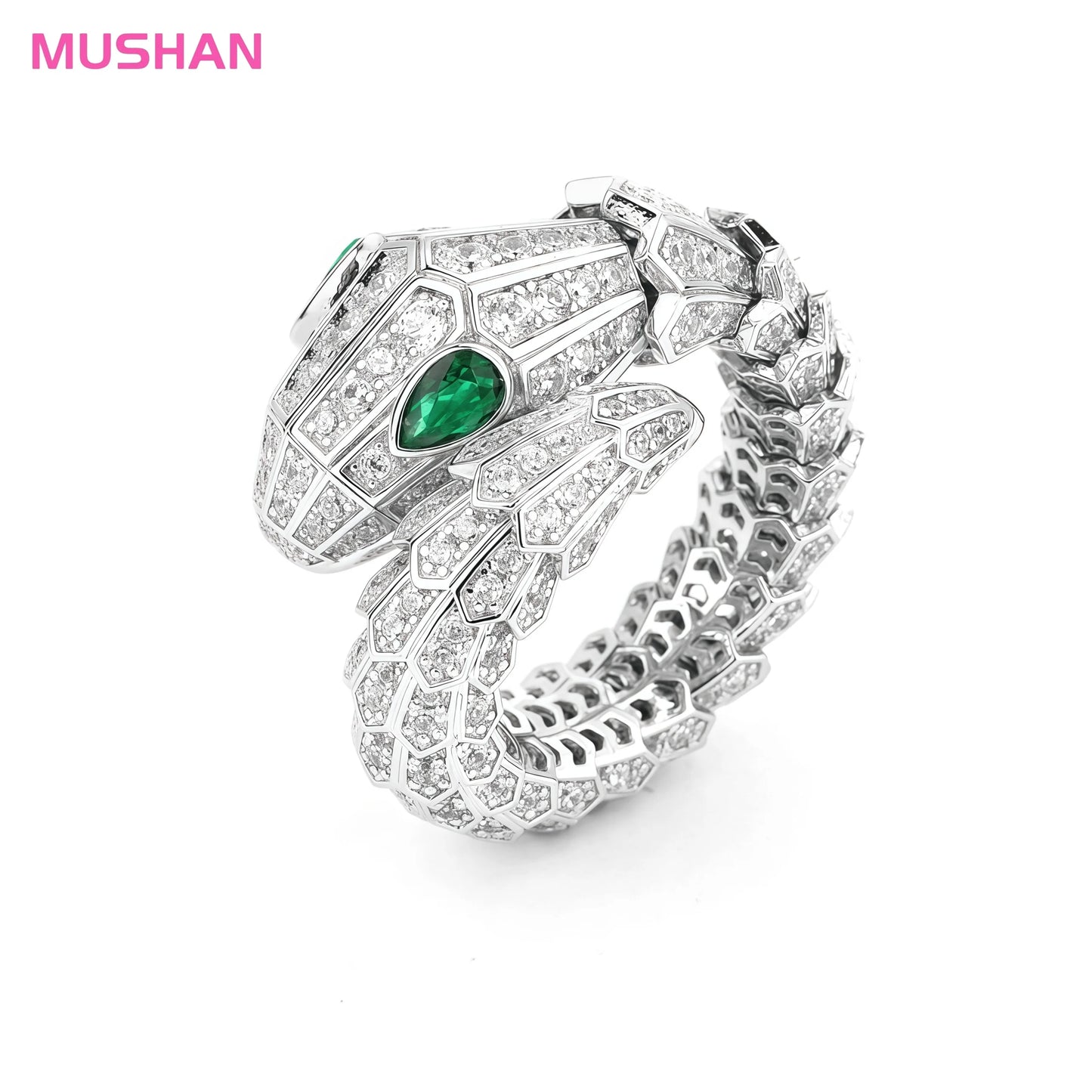 MUSHAN Jewelry Factory 925 Sterling Silver Ring Women Luxury Brand Green Gemstones Synthetic Diamond Snake Rings Fine Jewelry