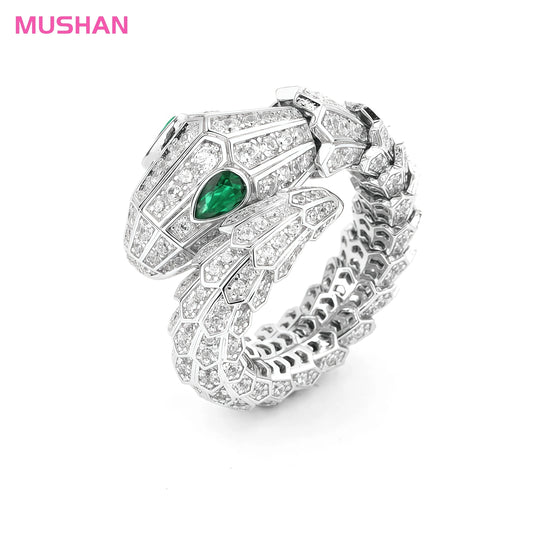 MUSHAN Jewelry Factory 925 Sterling Silver Ring Women Luxury Brand Green Gemstones Synthetic Diamond Snake Rings Fine Jewelry