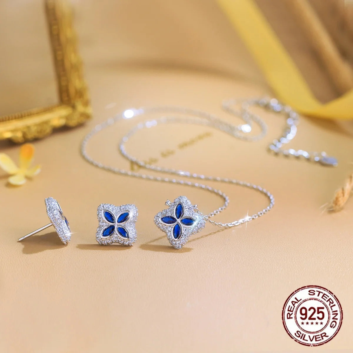 925 Sterling Silver Marquise Cut Blue CZ Halo Necklace Earrings Sparkling Lucky Four Leaf Clover Jewelry Set for Daily Wear