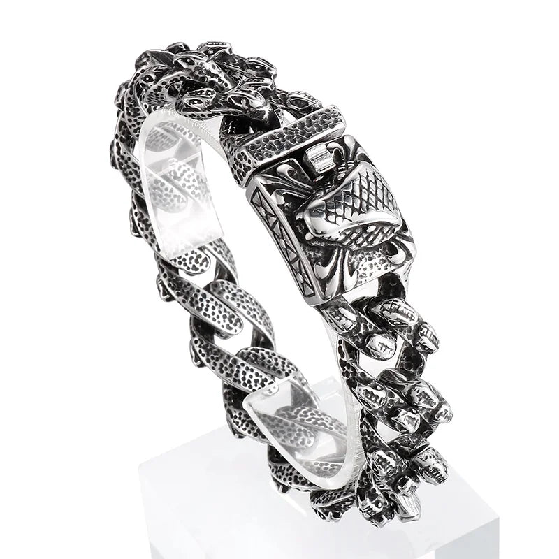 VIKING Snake & Tiger Pattern Link Bracelet – 17mm Silver Stainless Steel