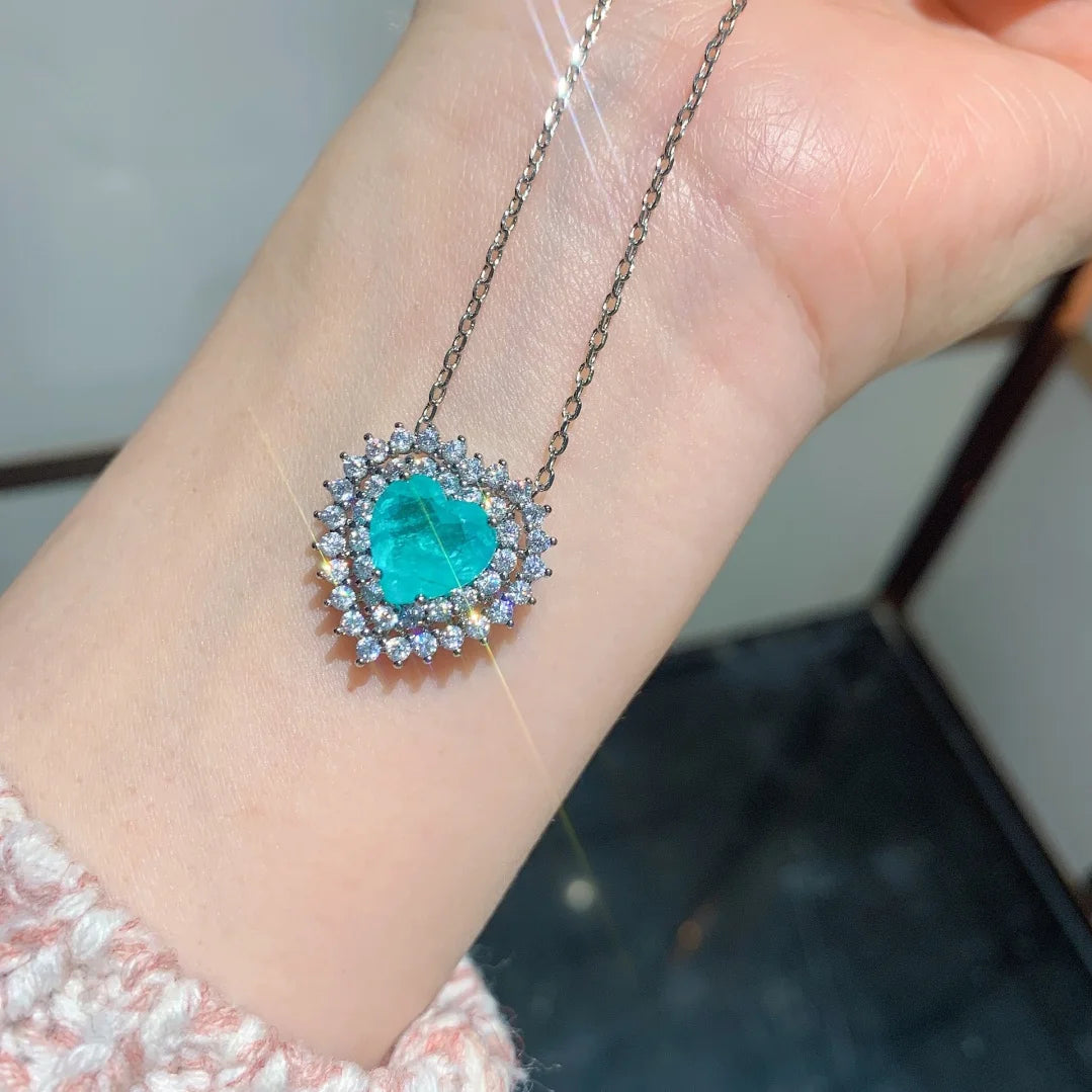 Fashion Eco-friendly Copper Heart Jewelry Set Imitation Paraiba Gemstone 8MM 10MM Earring Necklace Women Daily Party Wedding