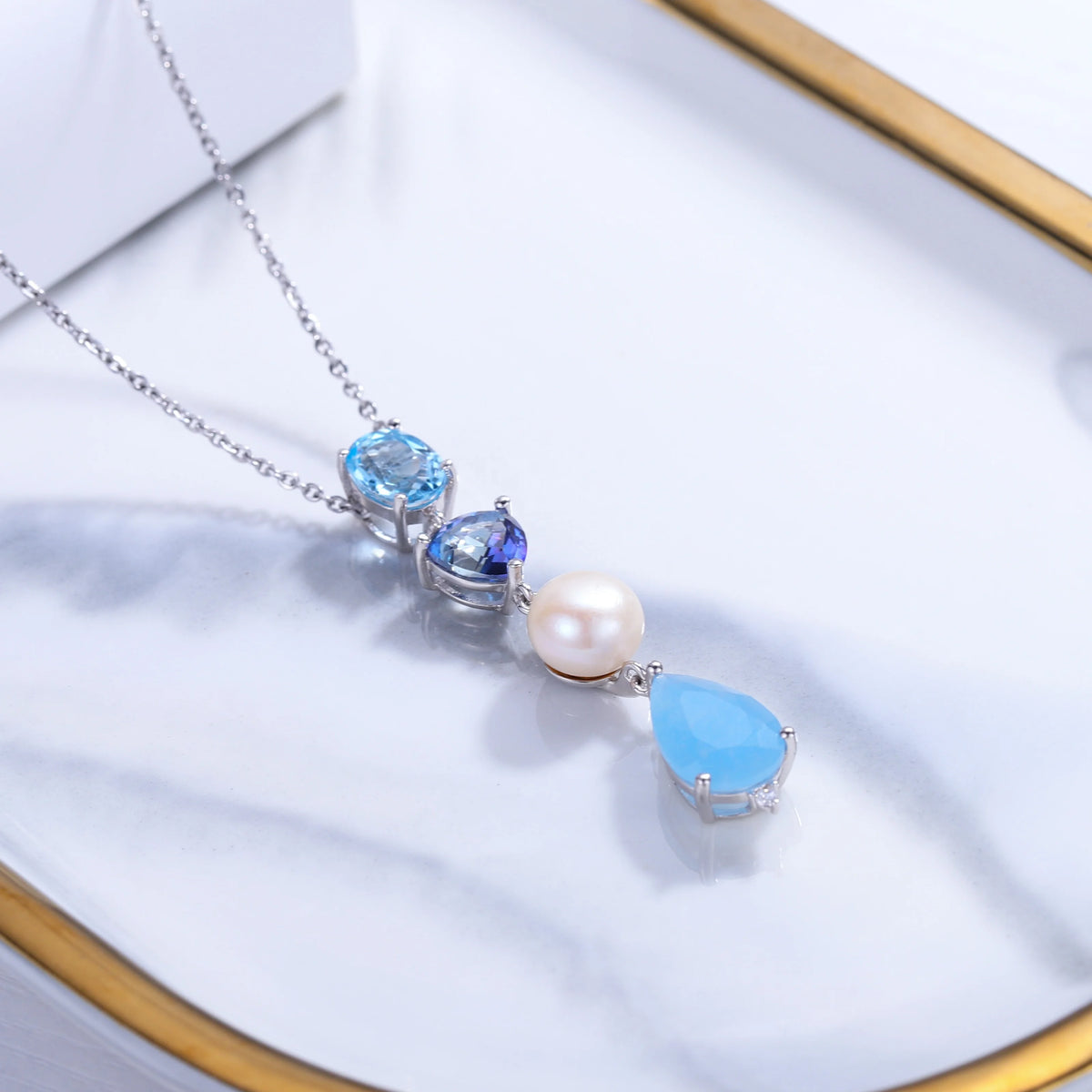 ArtistA C8319 Abding Elegant Classic Natural Mix Gemstone Aqua-blue Calcedony Pearl Mystic Quartz 925 Silver Fine Jewelry Bridal Set