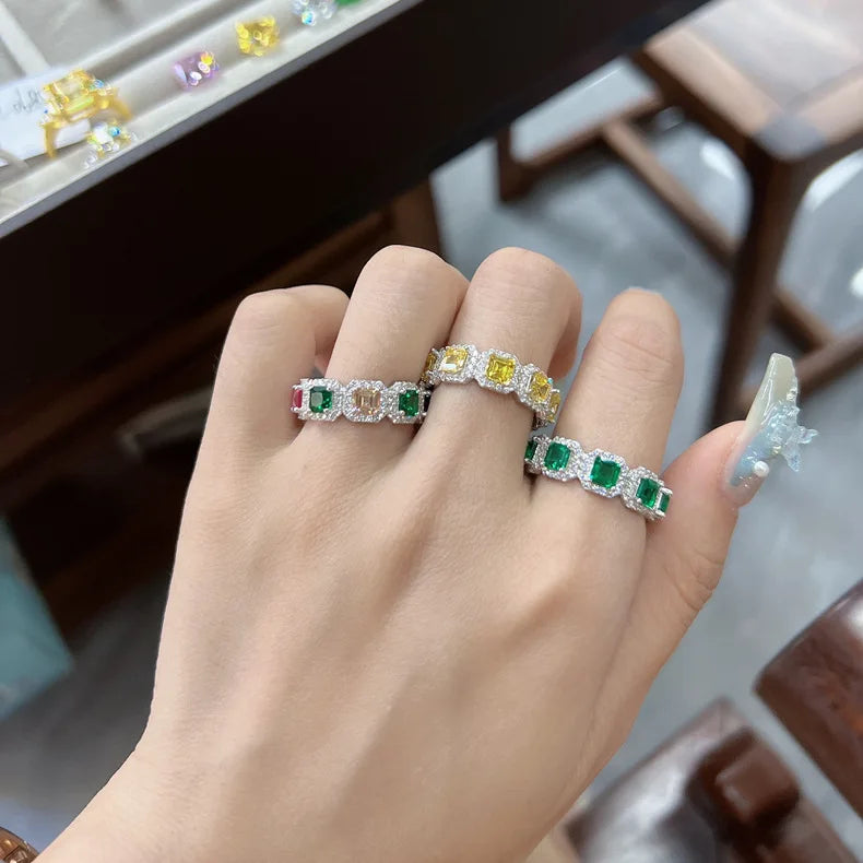SILVERELLI Grandmother Emerald Square Diamond Ring | 925 Sterling Silver | Platinum Plated