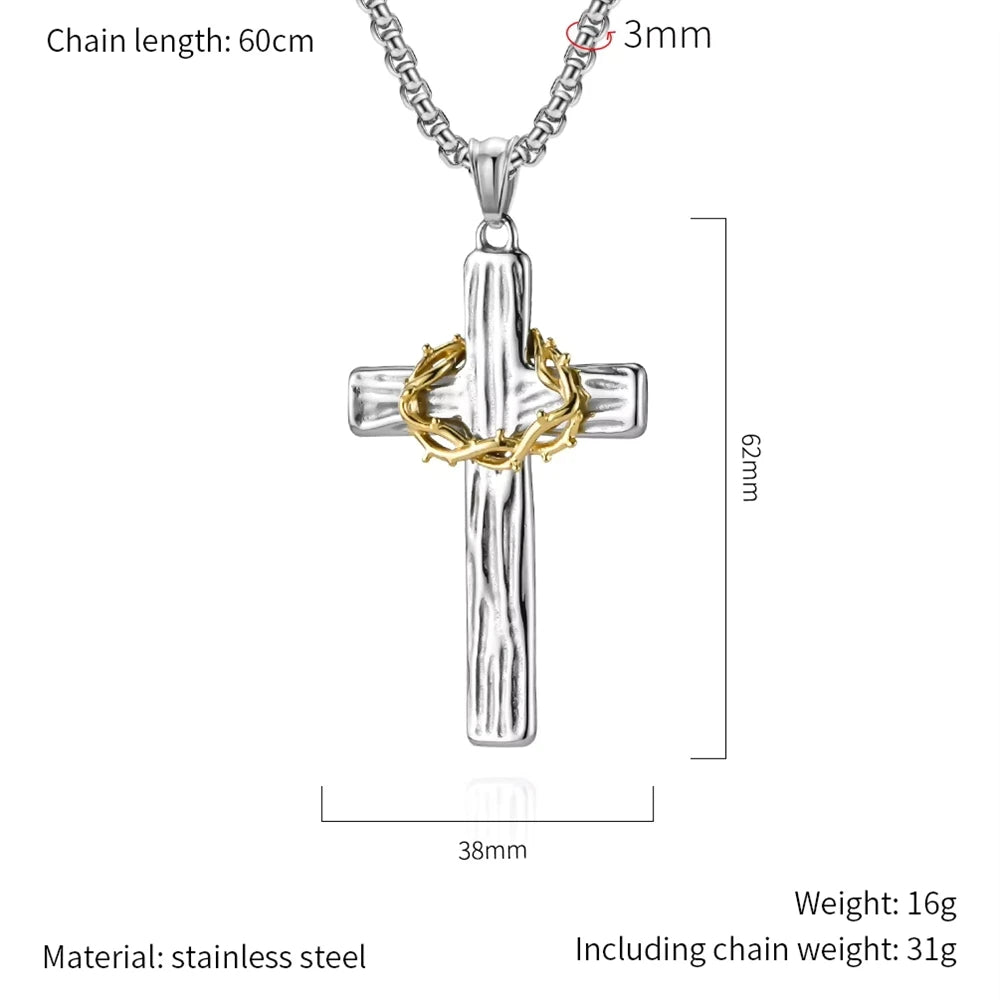 Hip Hop Wreath Wood Grain Religious Cross Anti Non Tarnish Free WaterProof Stainless Steel Fashion Jewelry Pendant Necklaces Men