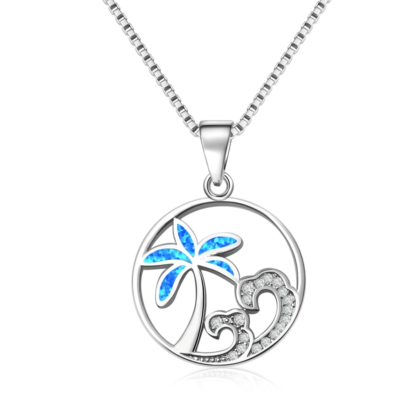 Summer Blue Opal Pendant Necklace | Trendy Silver Plated Brass Box Chain Minimalist Coconut Tree Design for Women's Anniversary