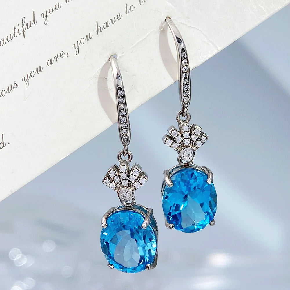 Gioiellieri S925 Sterling Silver Natural Blue Topaz Drop Earrings with Genuine Gemstone for Women Fine Jewelry Birthday Gift for Girls