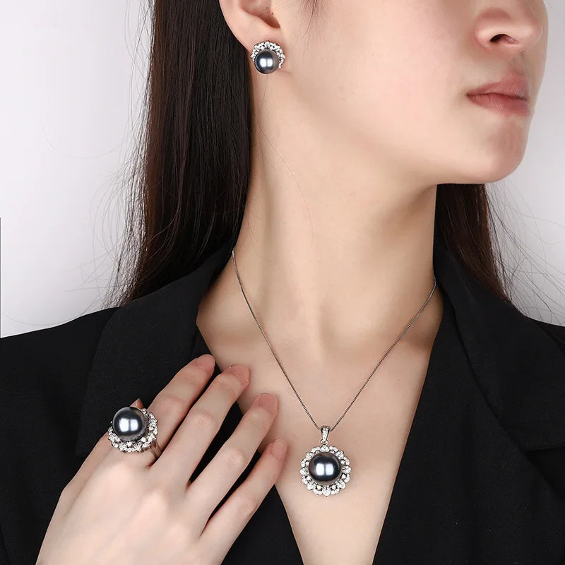 Fashion Eco-friendly Copper Gold Plated Earrings Set Round Cut 16-12mm Grey Shell Pearl Bridal Jewelry Set for Women